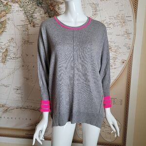 DESIGN history gray oversized crew neck cozy sweater pink cuffs beachy fun M